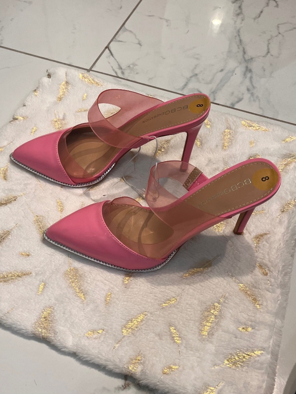 BCBGeneration slip on pink patent leather silver trim vinyl pink strap 4” heel